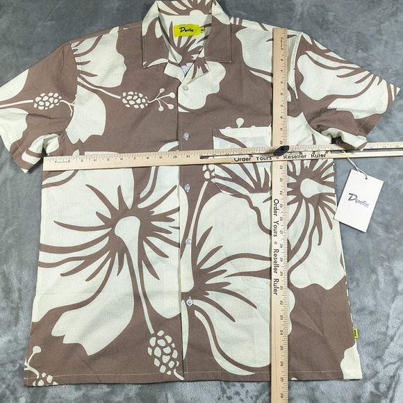 Duvin Hawaiian Shirt Mens Medium Brown Hibiscus Leisure Stretch Button Up New - Picture 10 of 10